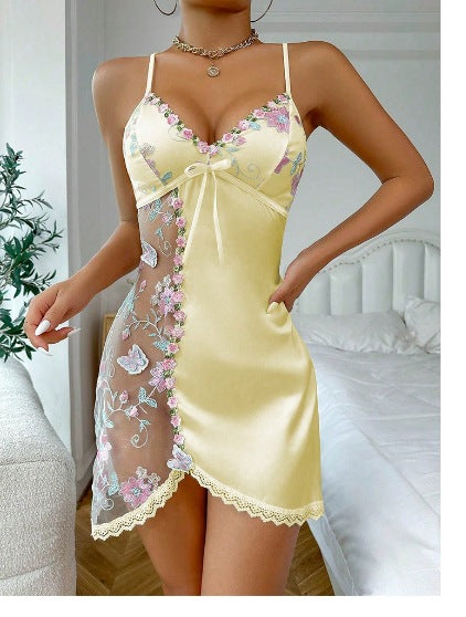 👗💋✨ PROMO 50% ! Chemise de Nuit Sexy en Dentelle & Satin – Motif Floral, Bretelles Réglables (Blanc/Rouge, S-XL)