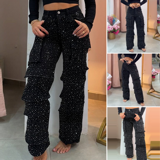 💎 Pantalon large à poches pour femmes, orné de diamants | Léger et élégant ✨