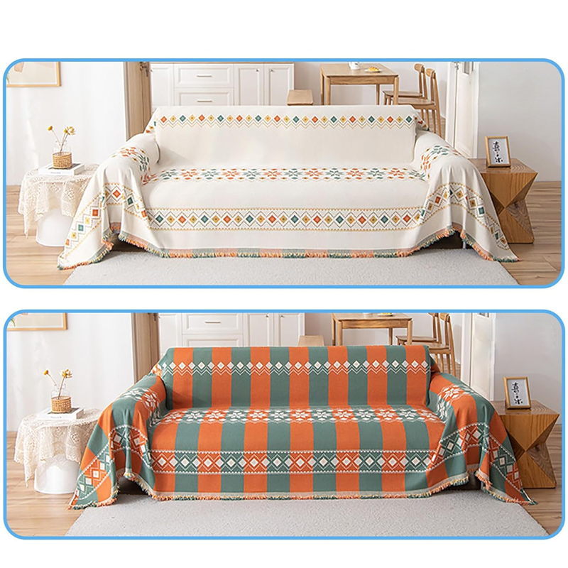 Housse réversible pour canapé bohème avec pompons – style chic et cosy