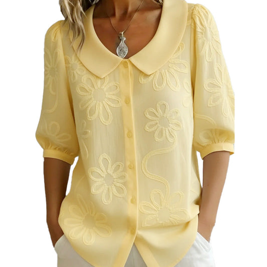 💎 50% DE RÉDUCTION – TEMPS LIMITÉ !💎Chemise à Col Rétro avec Broderie Florale – Polyester Léger, Manches Mi-Longues & Coupe Féminine blouse🌸