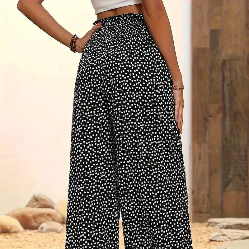 👖⏰ 50% DE RÉDUCTION ! Pantalon Taille Haute à Jambes Larges & Imprimé Chic – Coupe Fluide, Élastique & Polyvalent pour Femme 🌸