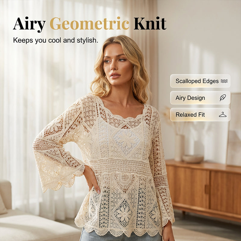 💐58% DE RÉDUCTION ! Chemise Crochet Romantique – Ajouré Délicat & Manches Fluides 🦋✨【Offre Limitée】