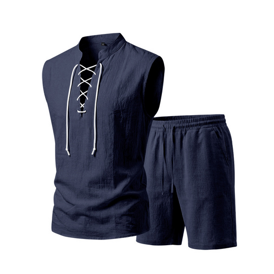 👕☀️ PROMO FLASH 50% ! Ensemble Homme en Lin – Haut sans Manches Lacé & Short, Tissu Respirant Naturel, 7 Couleurs, Style Bohème Chic & Vacances ✨