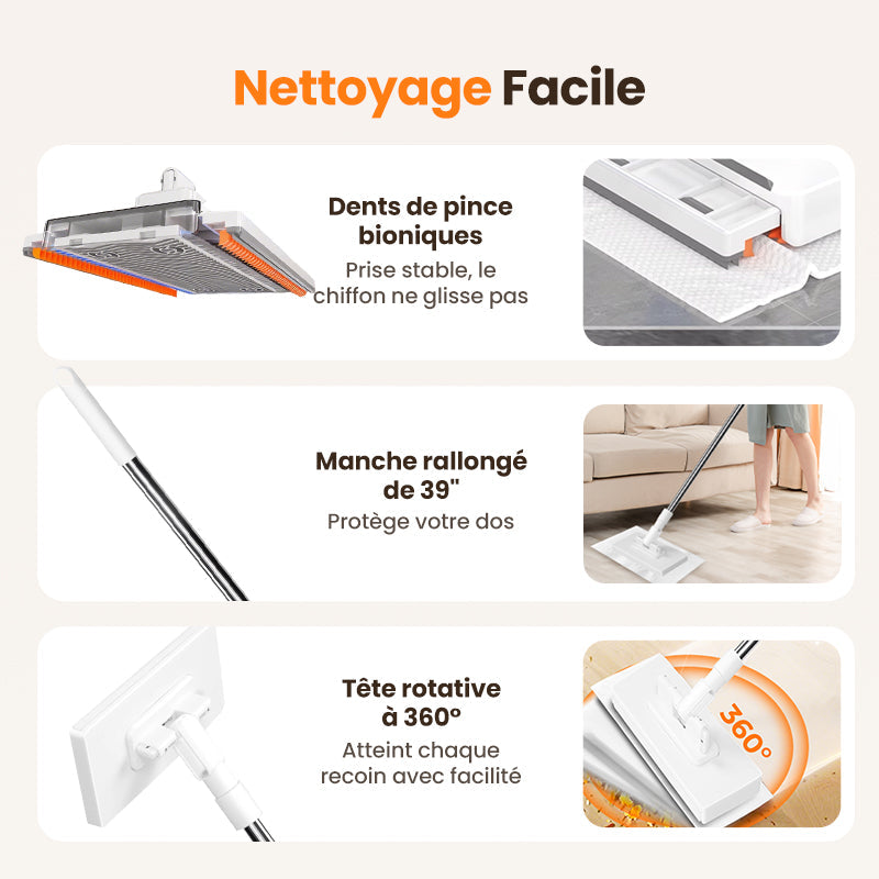 🔥 Promo exclusive -60% sur la Serpillère Réutilisable avec Pince Biomimétique Auto-Serrante, Manche Télescopique 100 cm, Rotation 360° et Écologique (Multi-Surfaces) !