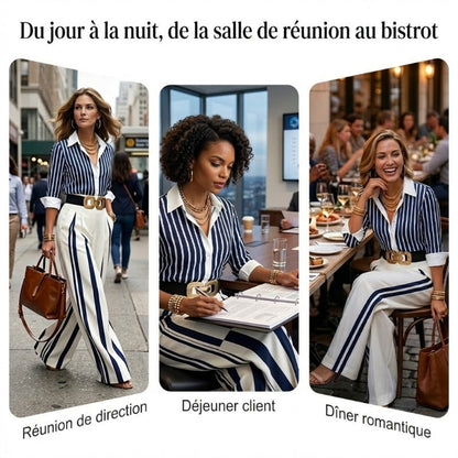 🎁Nouveauté : 50 % de réduction 💥 Ensemble 2 pièces pour femme : chemise rayée et pantalon large
