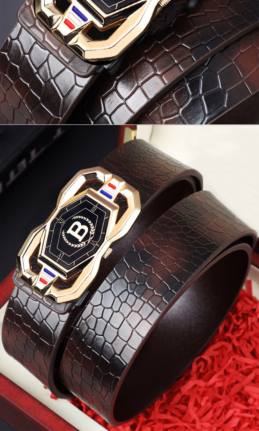 📢📢50 %  DE RÉDUCTION !! ⏰🐊Ceinture en cuir pour homme avec motif crocodile raffiné, boucle automatique et fabriquée en cuir de vachette.