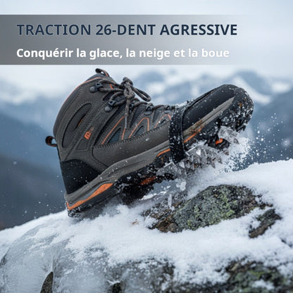 Crampons 26 Dents en Acier de Manganèse 🥾 | Plaques Antidérapantes en Acier Inoxydable ⚙️ | Performance sur Glace, Neige, Boue et Escalade ❄️🧗 | Compatibles avec Surchaussures