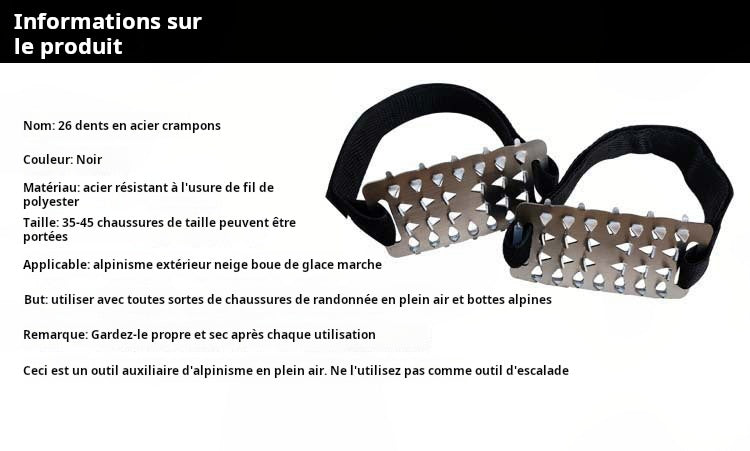 Crampons 26 Dents en Acier de Manganèse 🥾 | Plaques Antidérapantes en Acier Inoxydable ⚙️ | Performance sur Glace, Neige, Boue et Escalade ❄️🧗 | Compatibles avec Surchaussures