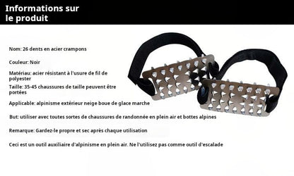 Crampons 26 Dents en Acier de Manganèse 🥾 | Plaques Antidérapantes en Acier Inoxydable ⚙️ | Performance sur Glace, Neige, Boue et Escalade ❄️🧗 | Compatibles avec Surchaussures