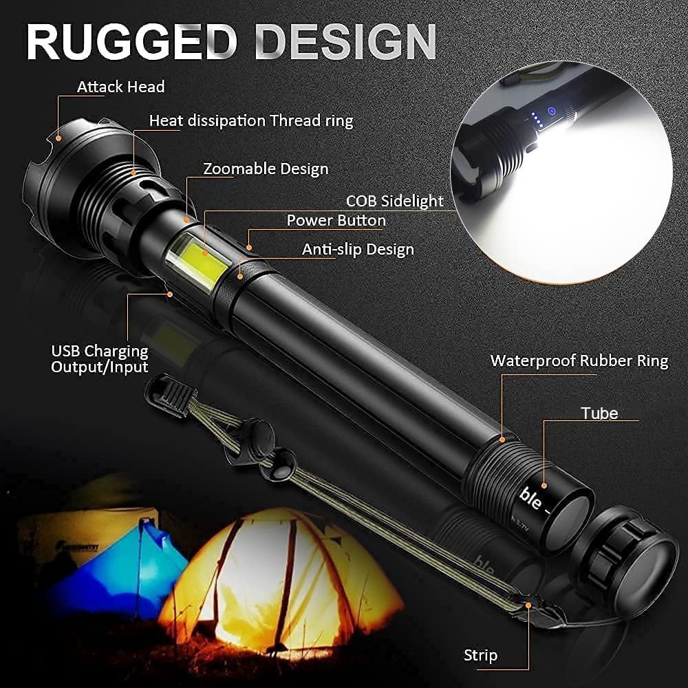 Lampe de poche tactique LED rechargeable avec laser - 90 000 lumens ultra-puissants ⚡