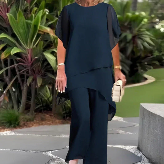 ✨️Nouveaux arrivages✨️Deux-pièces pour femmes : Charmant top asymétrique & pantalon à jambes larges（🔥51 % de réduction）