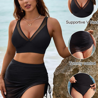 💎 50% DE RÉDUCTION ! 💎 Ensemble Bikini Taille Haute avec Jupe & Détails en Maille – Séchage Rapide, Contrôle du Ventre & Soutien Élégant 🌸👙