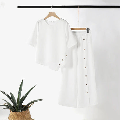 👚 55% DE RÉDUCTION! 🌸 Ensemble Deux Pièces pour Femme – Top avec Ourlet Asymétrique & Pantalon à Jambes Larges, Look Moderne & Confortable 💃
