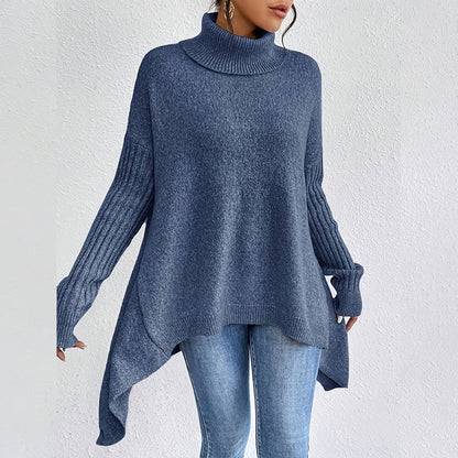 💖 Modischer Damenpullover in Volltonfarbe mit überschnittener Schulter, hohem Halsausschnitt und grobem Strick
