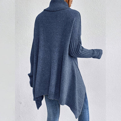 💖 Modischer Damenpullover in Volltonfarbe mit überschnittener Schulter, hohem Halsausschnitt und grobem Strick