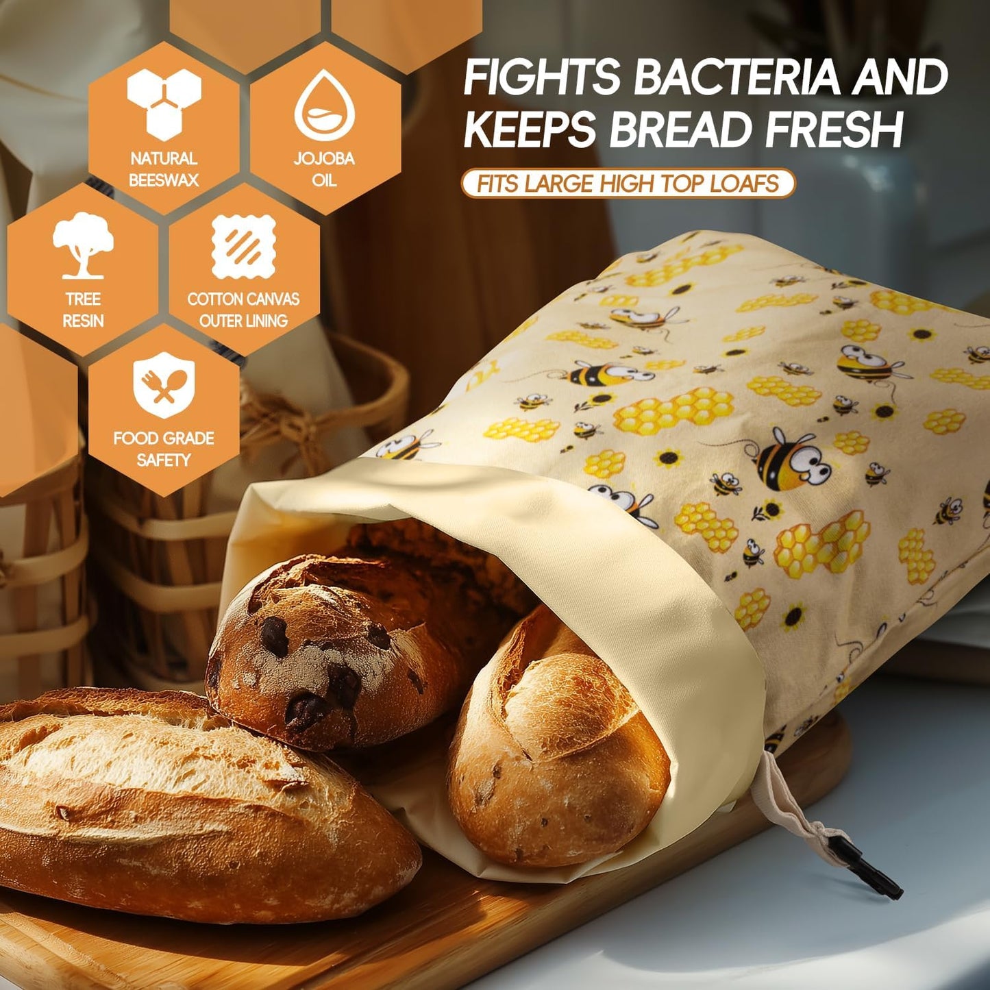 Sac à Pain Réutilisable en Cire d'Abeille – Idéal pour Pain au Levain Fait Maison, Écologique et Durable