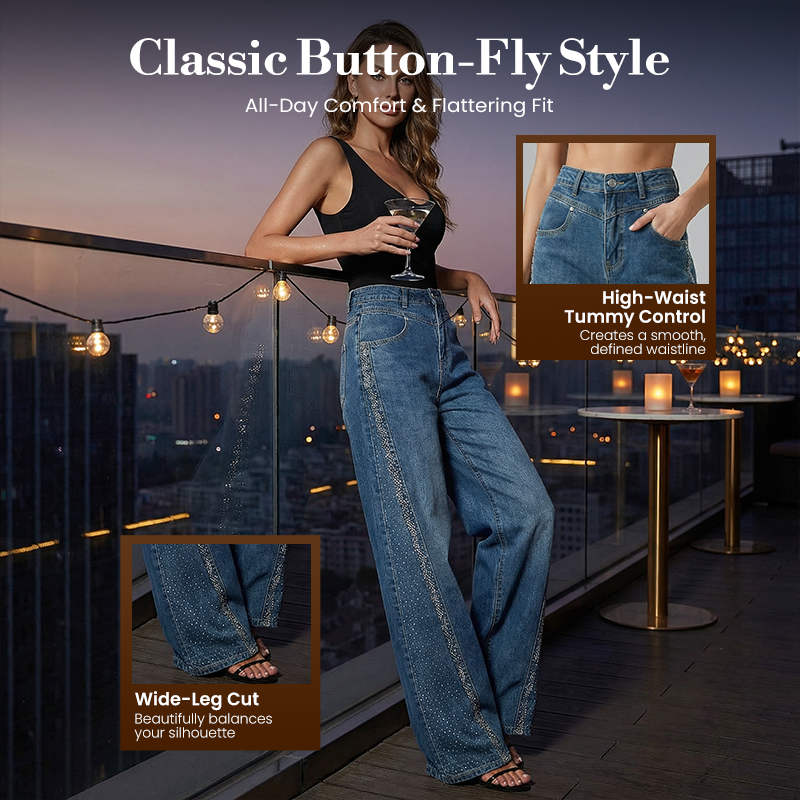✨🔥Jean large à jambes larges pour femme, orné de strass👖