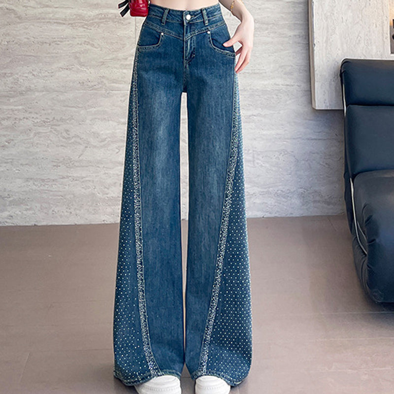 ✨🔥Jean large à jambes larges pour femme, orné de strass👖