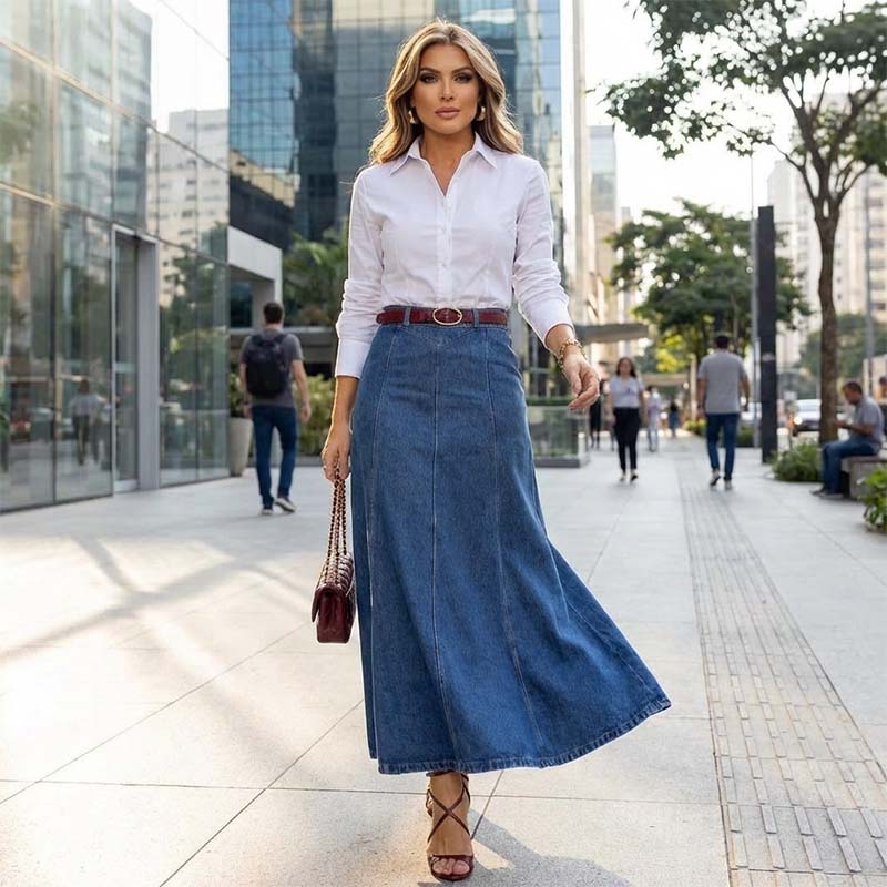 👗 50 % DE RÉDUCTION ! ✨ Jupe longue en jean taille haute coupe trapèze pour femme – Coupe flatteuse, confort extensible et style polyvalent 👖