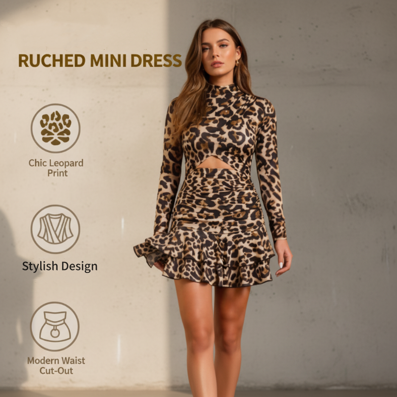 Mini-robe femme à volants et imprimé léopard
