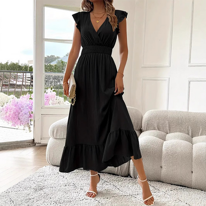 👗50 % de réduction✨Robe longue à col en V avec taille froncée et volants