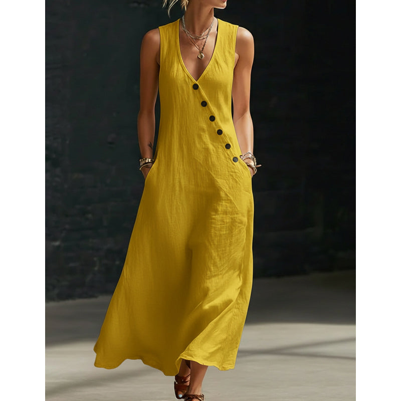 👗⏰ 50% DE RÉDUCTION ! Robe Longue Femme en Coton-Lin – Col en V, Boutons Asymétriques & Poches, Coupe Fluide pour l'Été 🌊