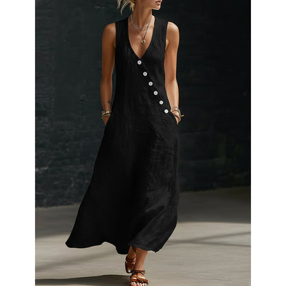 👗⏰ 50% DE RÉDUCTION ! Robe Longue Femme en Coton-Lin – Col en V, Boutons Asymétriques & Poches, Coupe Fluide pour l'Été 🌊