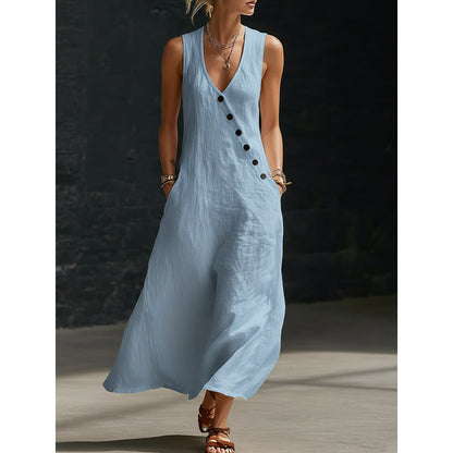 👗⏰ 50% DE RÉDUCTION ! Robe Longue Femme en Coton-Lin – Col en V, Boutons Asymétriques & Poches, Coupe Fluide pour l'Été 🌊