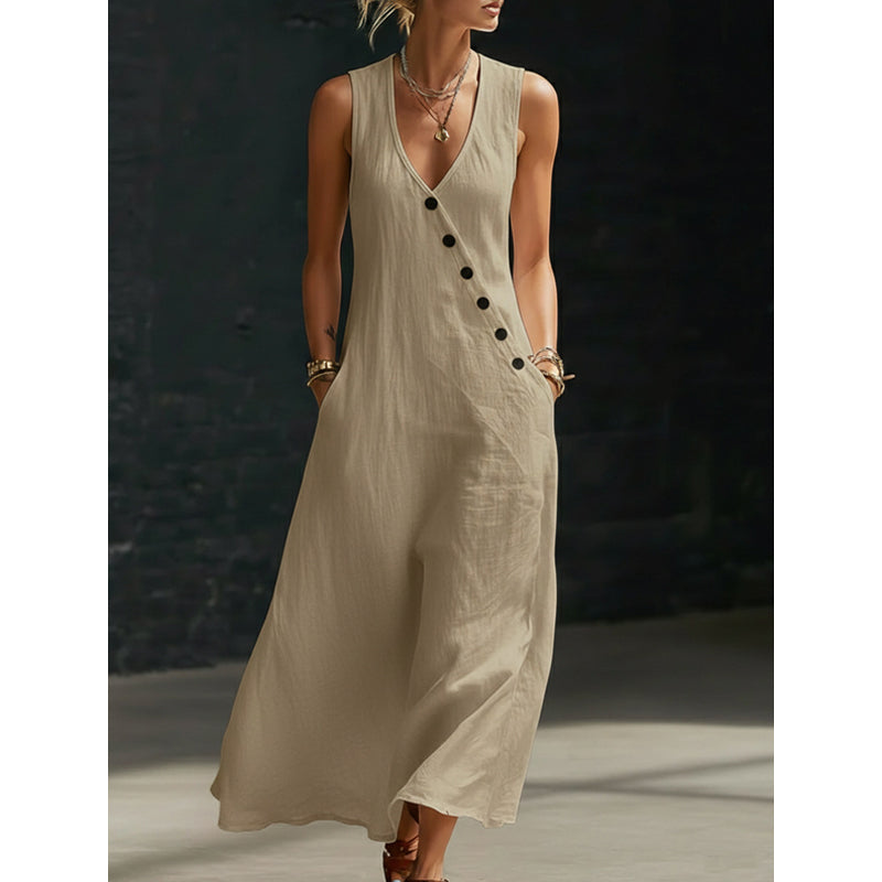 👗⏰ 50% DE RÉDUCTION ! Robe Longue Femme en Coton-Lin – Col en V, Boutons Asymétriques & Poches, Coupe Fluide pour l'Été 🌊