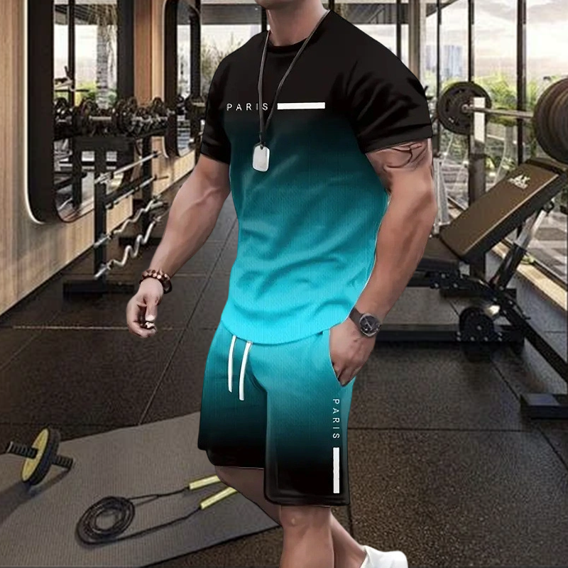 🔥VENTE CHAUDE🔥Ensemble T-shirt à dégradé de couleurs et short pour homme – Confort décontracté au quotidien