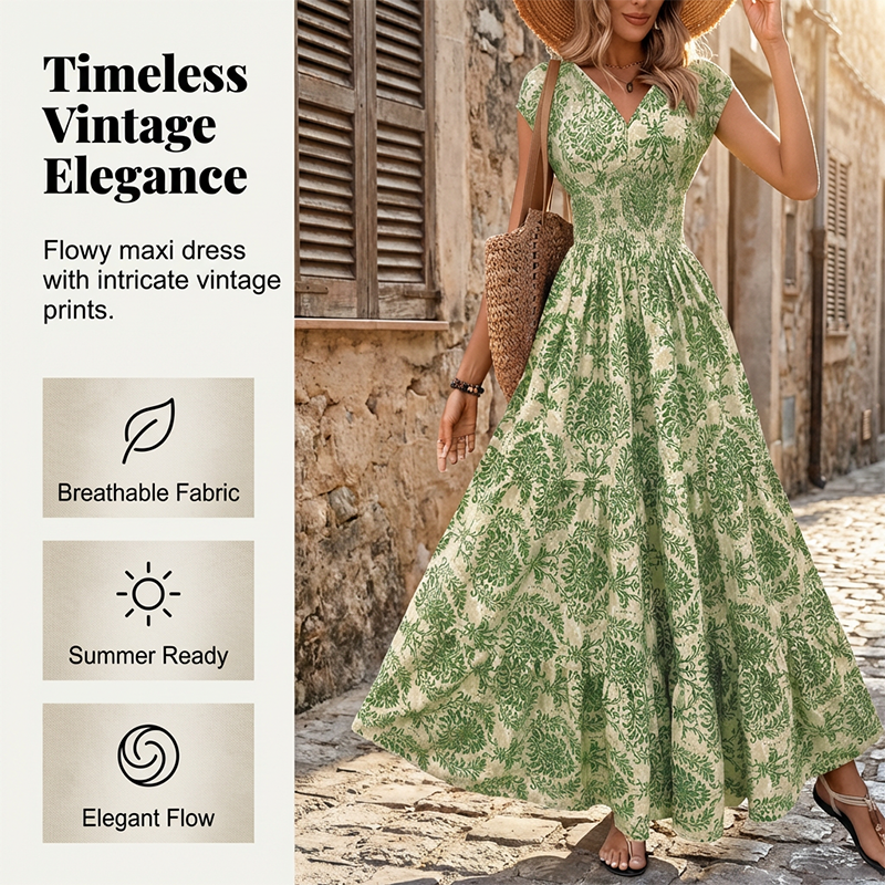 👗 PROMO FLASH : -50% ! 🔥 Robe Longue Femme – Col en V, Imprimé Floral & Taille Froncée, Tissu Léger et Respirant 🍁