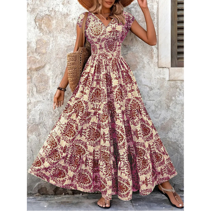 👗 PROMO FLASH : -50% ! 🔥 Robe Longue Femme – Col en V, Imprimé Floral & Taille Froncée, Tissu Léger et Respirant 🍁