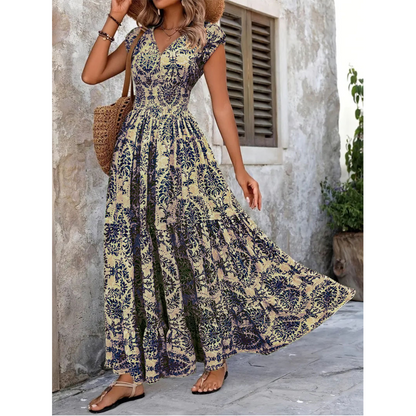 👗 PROMO FLASH : -50% ! 🔥 Robe Longue Femme – Col en V, Imprimé Floral & Taille Froncée, Tissu Léger et Respirant 🍁