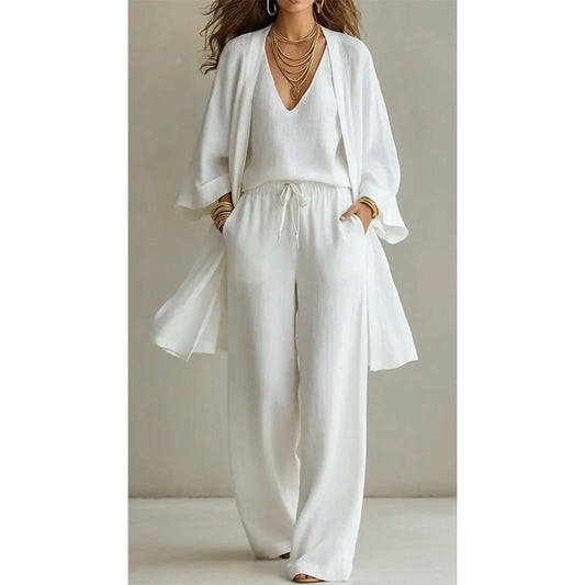 🧥Ensemble élégant pantalon à jambes larges, haut intérieur et cardigan (3 pièces) 👚👖