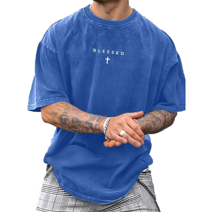👕✝️ -50 % T-shirt vintage homme avec imprimé croix et lettres – Décontracté, expressif et avec une touche personnelle ✨