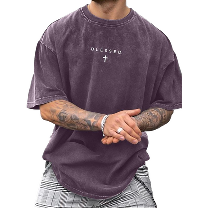 👕✝️ -50 % T-shirt vintage homme avec imprimé croix et lettres – Décontracté, expressif et avec une touche personnelle ✨