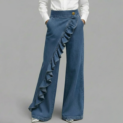 👖 OFFRE EXCLUSIVE : 50% DE RÉDUCTION ! 💃 Pantalon Denim Large à Volants Asymétriques – Coupe Taille Haute, Style Bohème & Tissu de Qualité 🌸