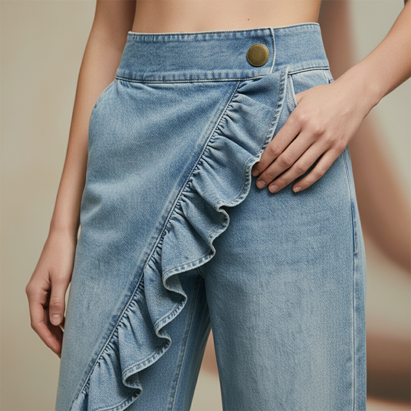 👖 OFFRE EXCLUSIVE : 50% DE RÉDUCTION ! 💃 Pantalon Denim Large à Volants Asymétriques – Coupe Taille Haute, Style Bohème & Tissu de Qualité 🌸
