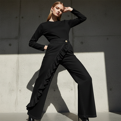 👖 OFFRE EXCLUSIVE : 50% DE RÉDUCTION ! 💃 Pantalon Denim Large à Volants Asymétriques – Coupe Taille Haute, Style Bohème & Tissu de Qualité 🌸