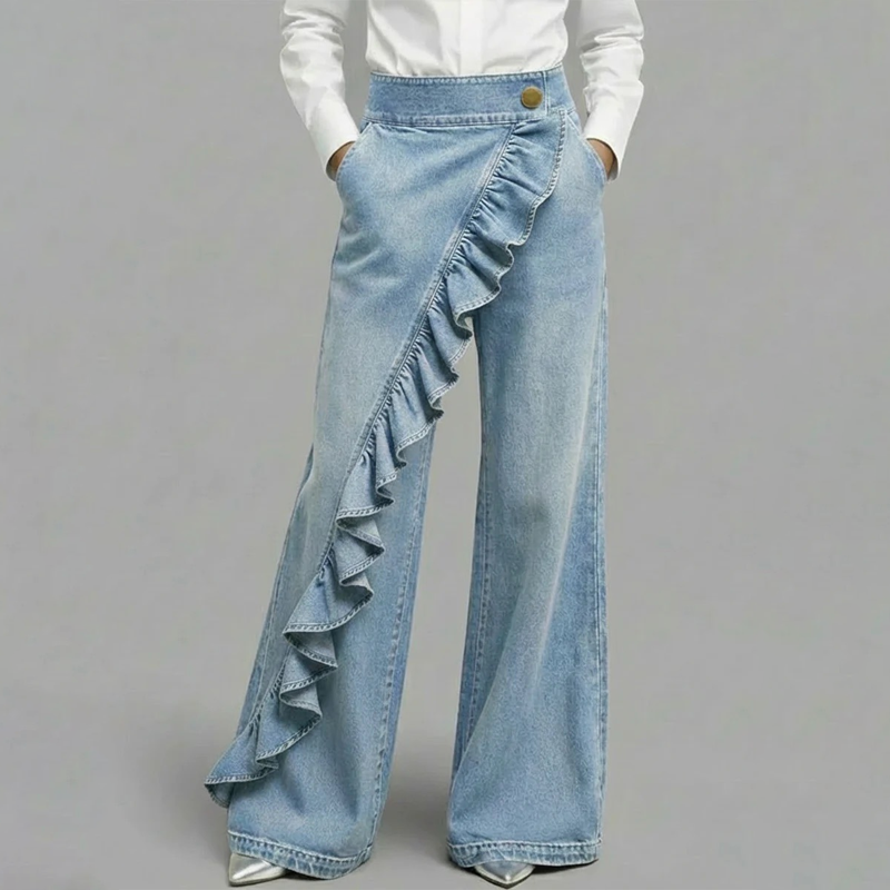 👖 OFFRE EXCLUSIVE : 50% DE RÉDUCTION ! 💃 Pantalon Denim Large à Volants Asymétriques – Coupe Taille Haute, Style Bohème & Tissu de Qualité 🌸