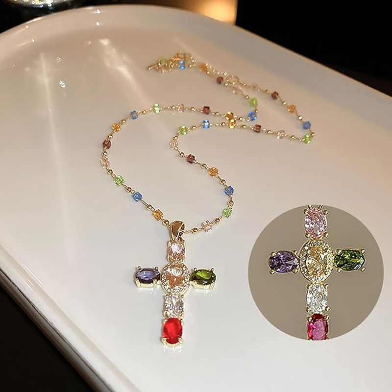 💎 50 % DE RÉDUCTION !! ✝️ Collier coloré avec pendentif en forme de croix en strass – Éclat éclatant, longueur réglable et message plein de sens ✨