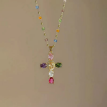 💎 50 % DE RÉDUCTION !! ✝️ Collier coloré avec pendentif en forme de croix en strass – Éclat éclatant, longueur réglable et message plein de sens ✨