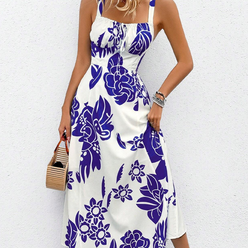 🌺 PROMO LIMITÉE 50% DE RÉDUCTION ! 👗 Robe Imprimée à Bretelles Fines – Dos Froncé, Coupe Trapèze, Légère 🦋
