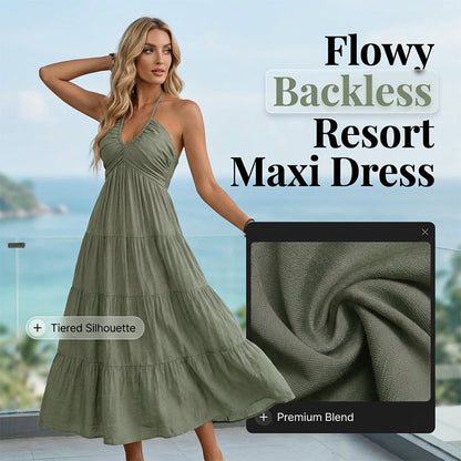 👗57 % de réduction + livraison gratuite à partir de 2 articles ! 🚚💨Robe longue à volants, dos nu et col licou pour femme