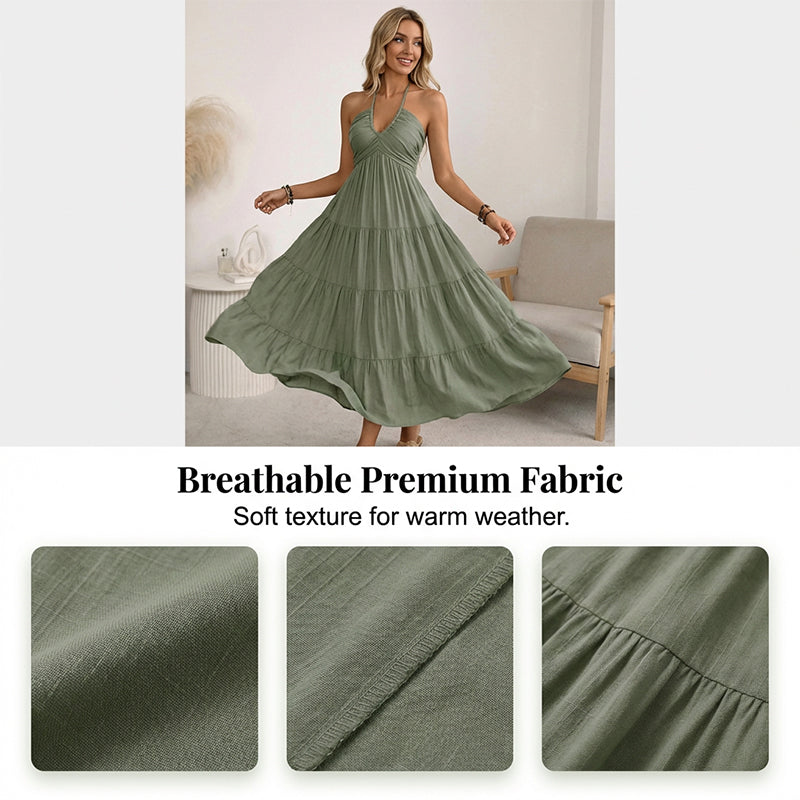 👗57 % de réduction + livraison gratuite à partir de 2 articles ! 🚚💨Robe longue à volants, dos nu et col licou pour femme