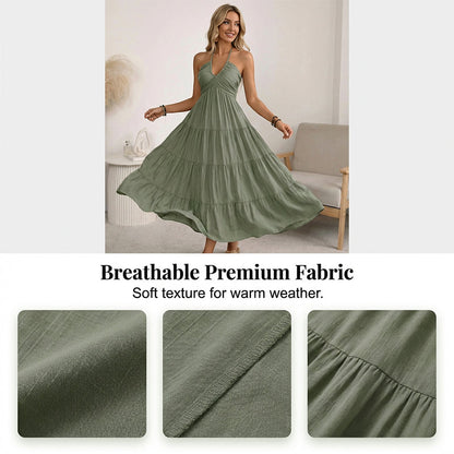 👗57 % de réduction + livraison gratuite à partir de 2 articles ! 🚚💨Robe longue à volants, dos nu et col licou pour femme