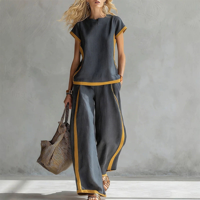 ☀️Ensemble deux pièces décontracté pour femme avec bordures contrastées🔥
