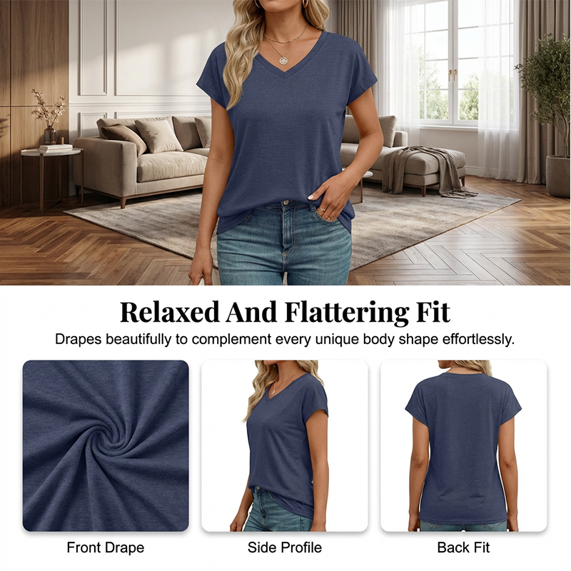 T-shirt décontracté à col en V et manches courtes pour femme