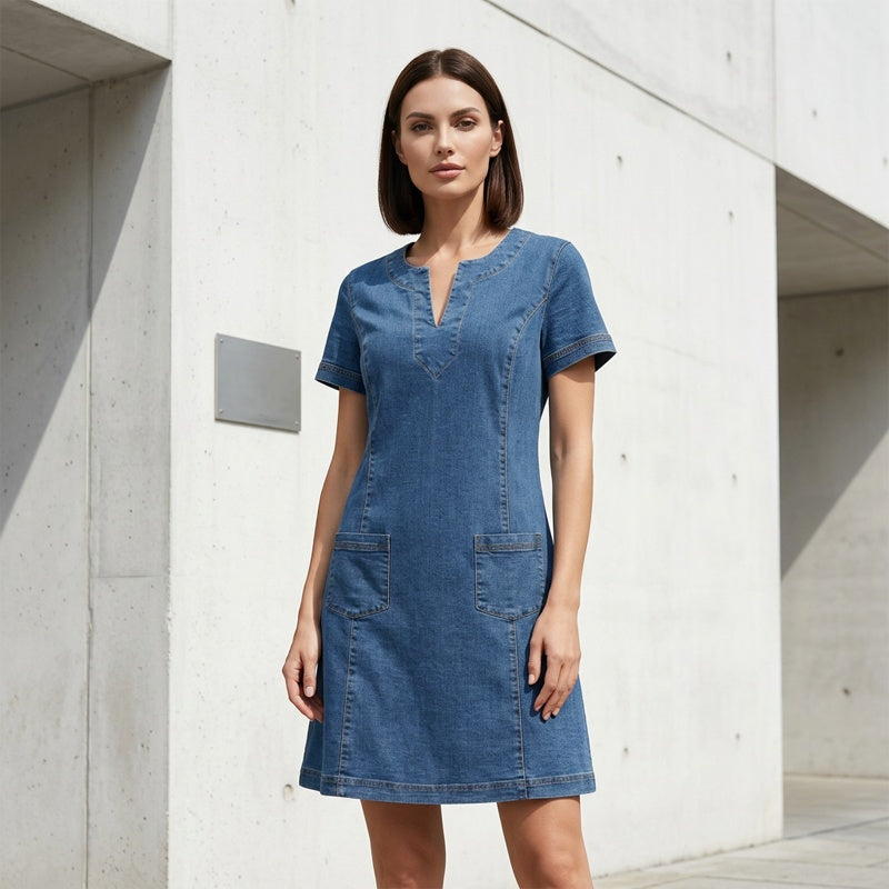 👗Robe en Denim pour Femmes – Col en V, Manches Courtes, Coupe Décontractée, Multi Tailles