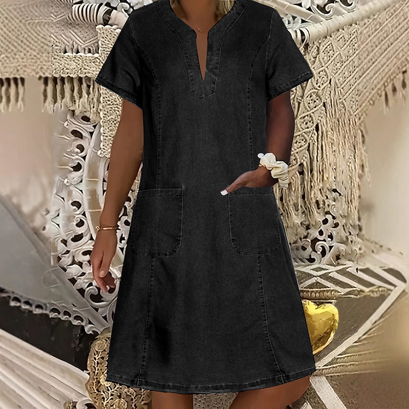 👗Robe en Denim pour Femmes – Col en V, Manches Courtes, Coupe Décontractée, Multi Tailles